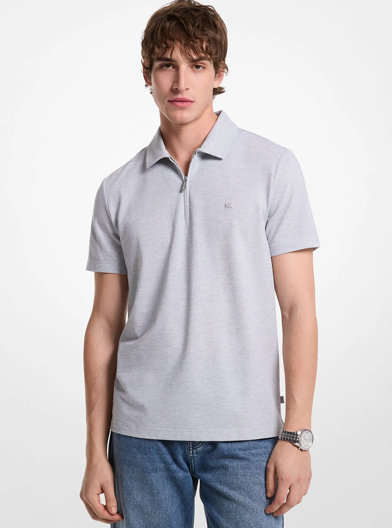 Michael Kors Poloshirt van piqu&eacute;stof van katoenmix met rits STEENGRIJS Fashion