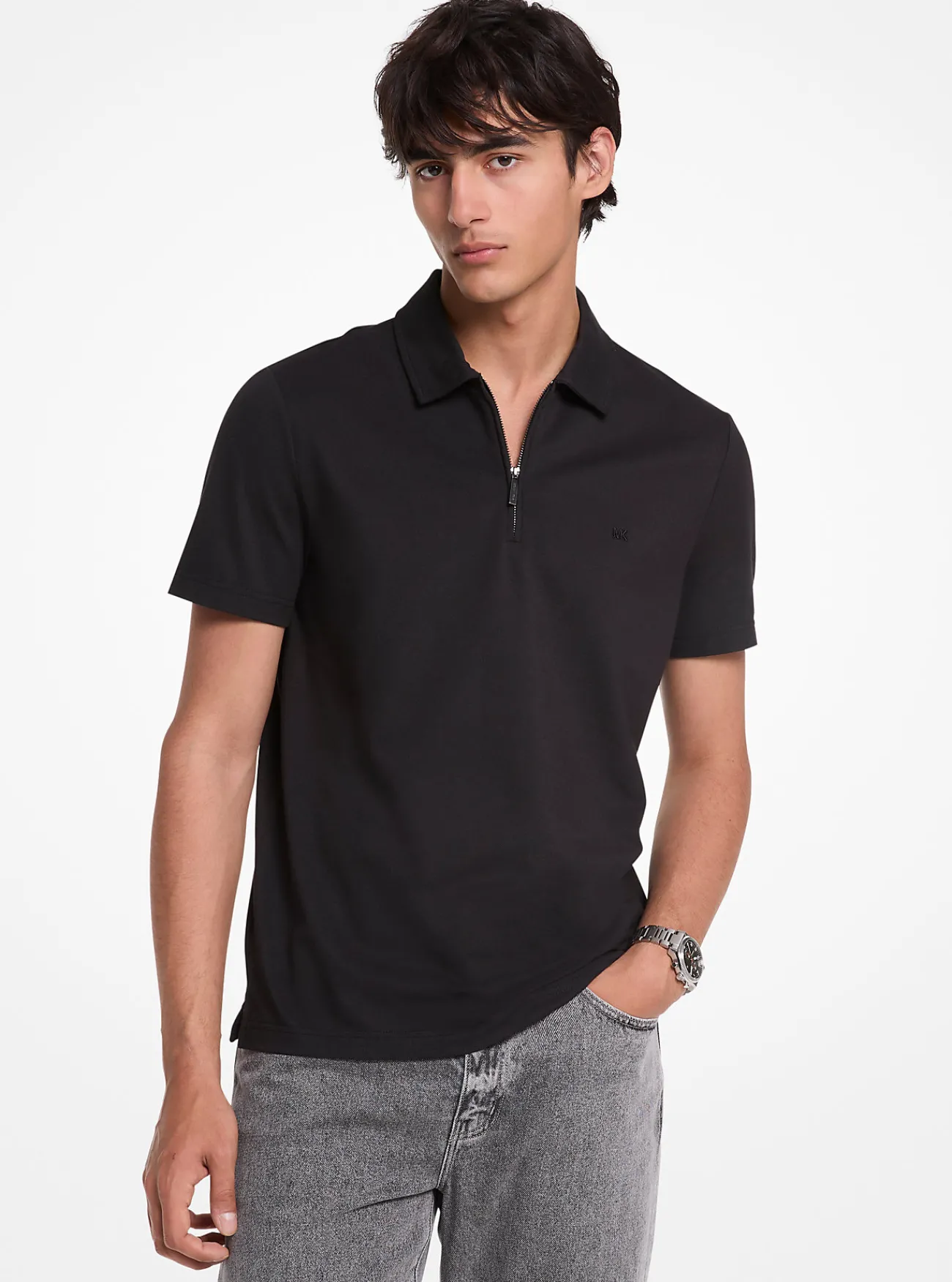 Michael Kors Poloshirt van piqu&eacute;stof van katoenmix met rits ZWART New