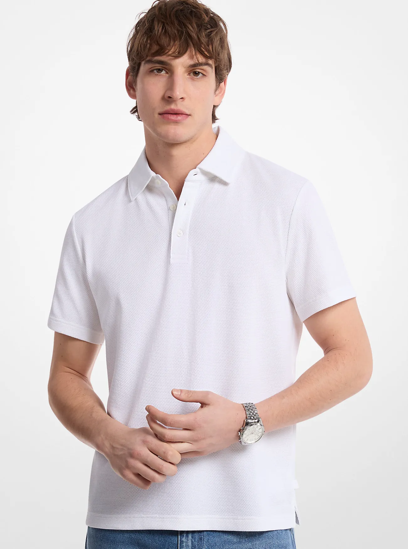 Michael Kors Poloshirt van stretchkatoen met bubbelbreisel WIT Clearance