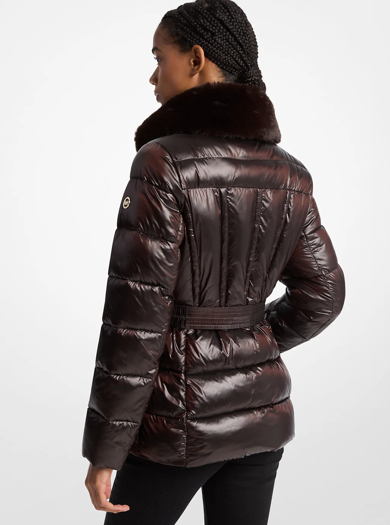 Michael Kors Pufferjas van doorgestikt nylon met boord van imitatiebont, opvouwbaar CHOCOLADE Fashion