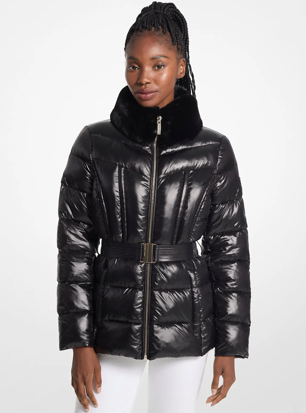 Michael Kors Pufferjas van doorgestikt nylon met boord van imitatiebont, opvouwbaar ZWART Clearance