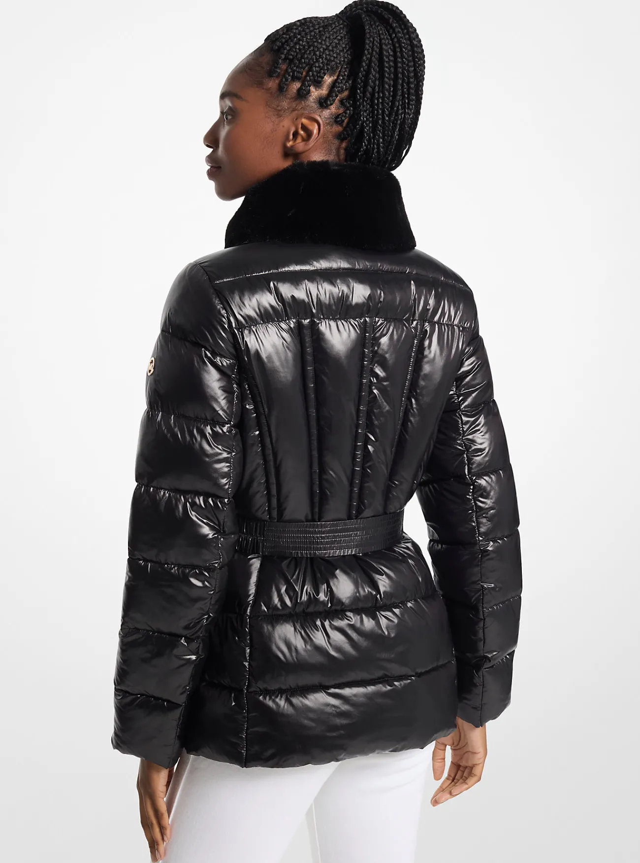 Michael Kors Pufferjas van doorgestikt nylon met boord van imitatiebont, opvouwbaar ZWART Clearance