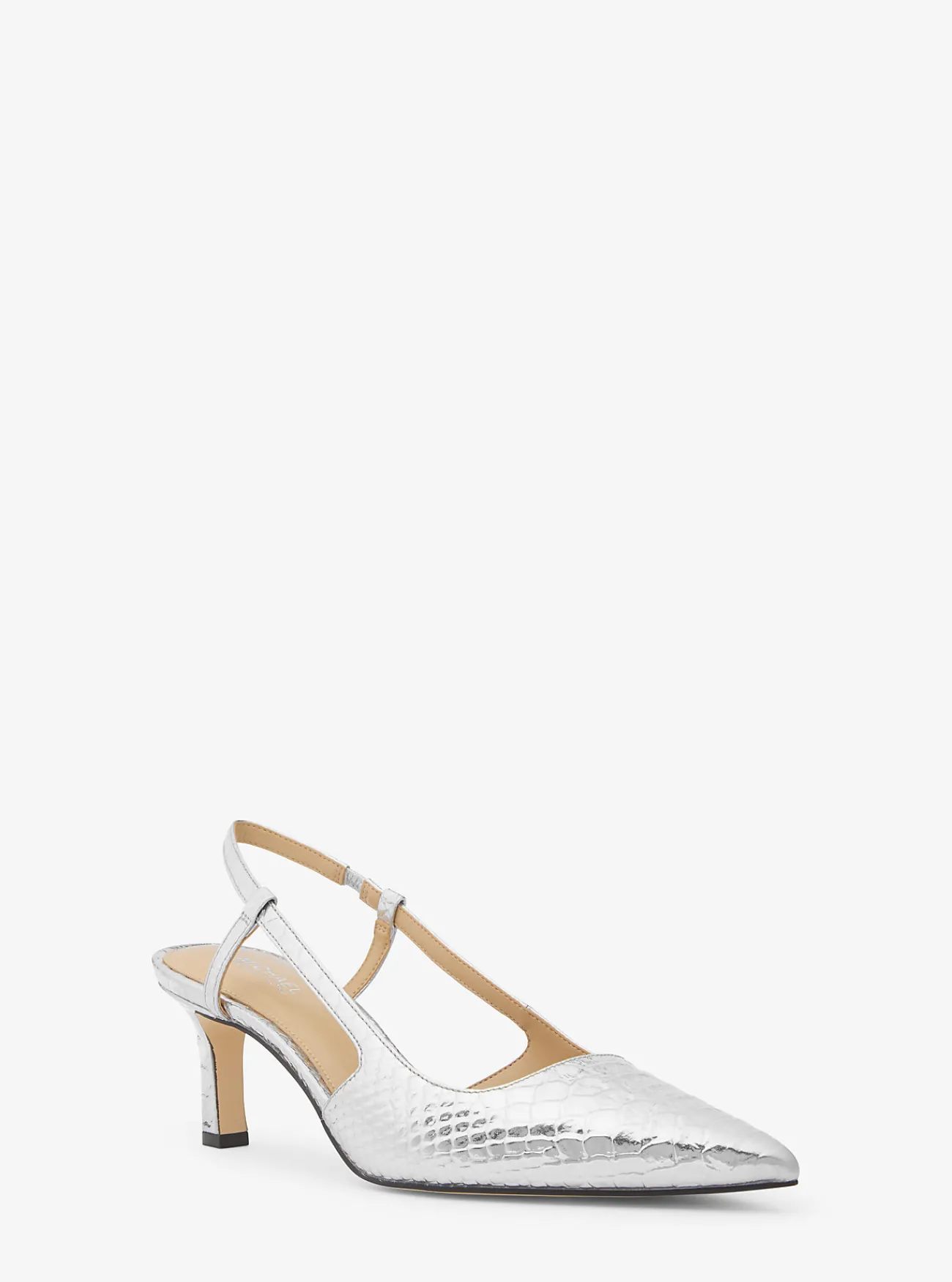 Michael Kors Pump Alora van metallic leer met slangenprint in reli&euml;f en slingback ZILVER Clearance
