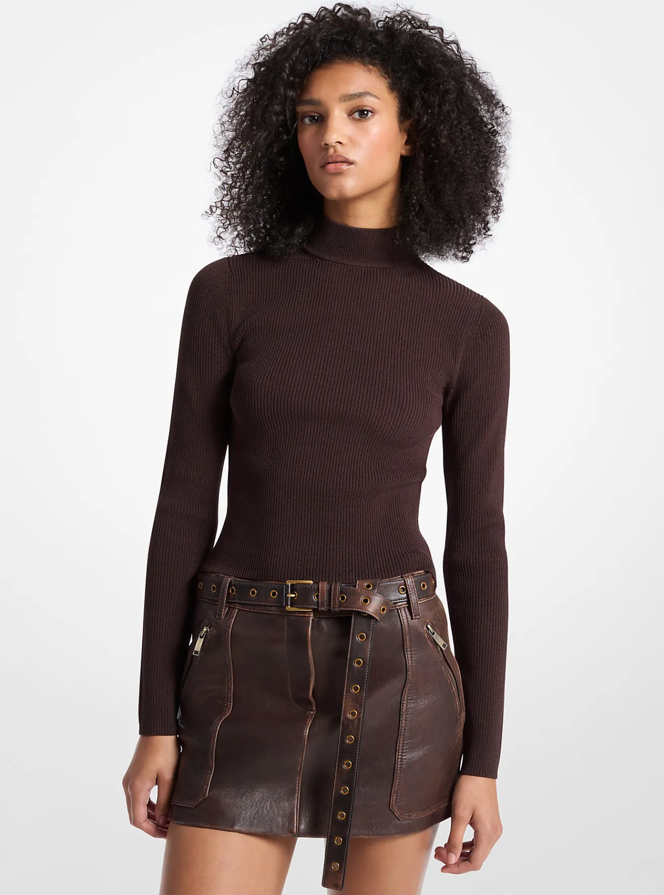 Michael Kors Ribgebreide sweater met opstaande hals CHOCOLADE Best