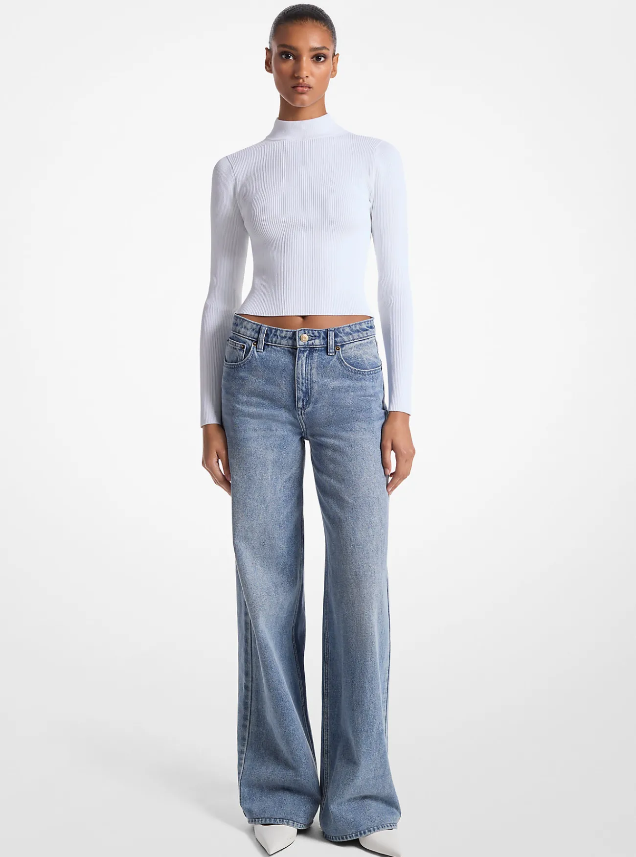 Michael Kors Ribgebreide sweater met opstaande hals WIT Sale