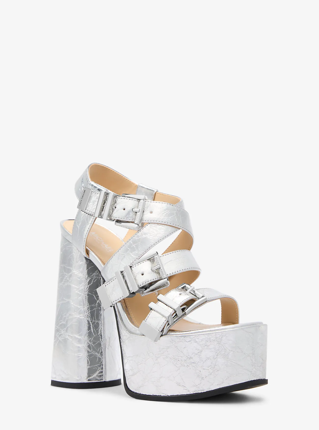 Michael Kors Sandaal Darrington van metallic craquel&eacute; leer met plateauzool ZILVER New