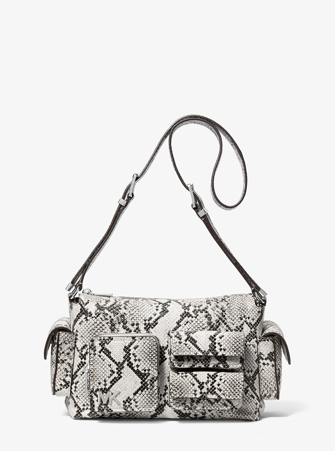 Michael Kors Schoudertas Dakota van leer met slangenprint in reli&euml;f, middelgroot ALUMINIUM Clearance