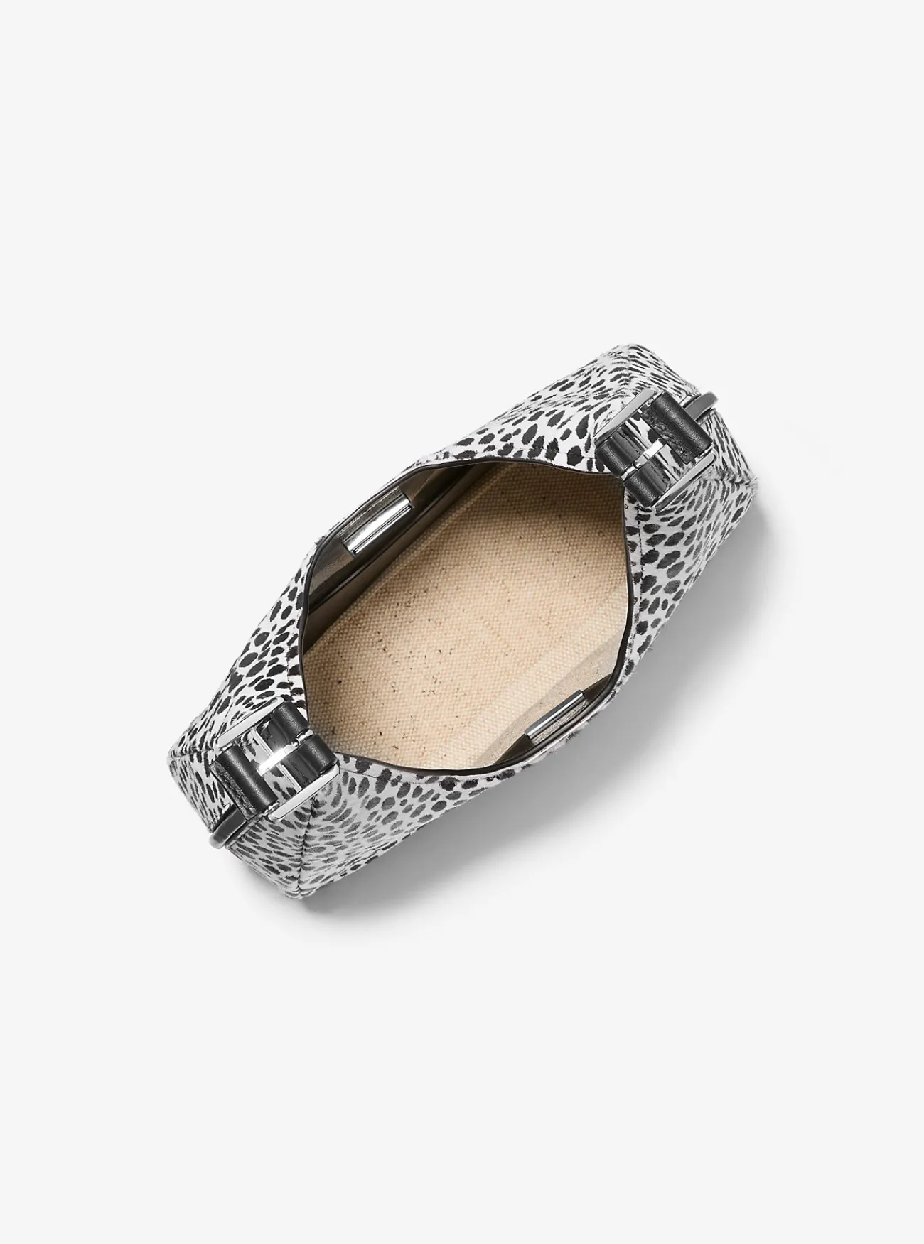 Michael Kors Schoudertas Nolita van kalfshaar met jachtluipaardprint, klein hobomodel ZWARTCOMBO Discount