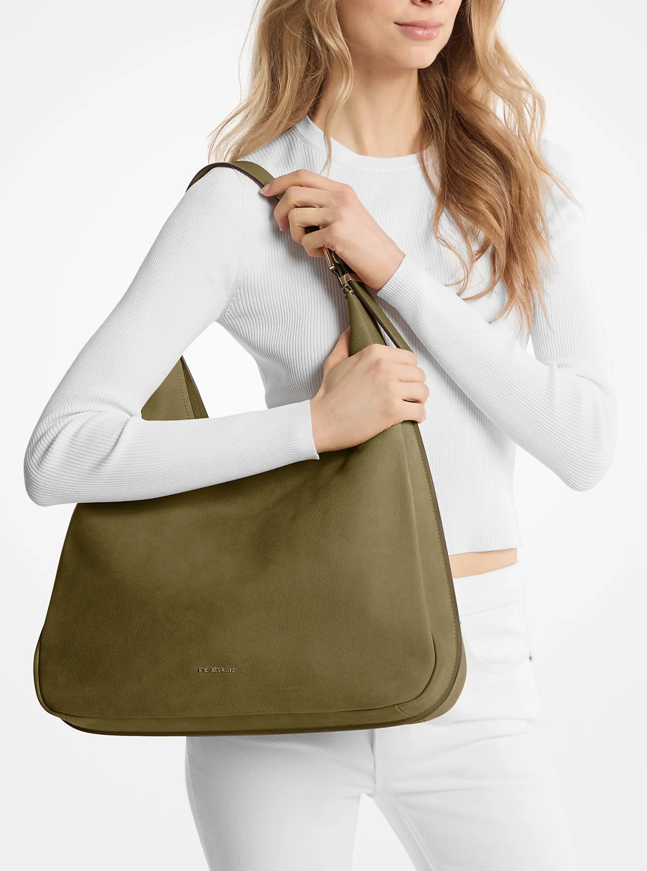 Michael Kors Schoudertas Nolita van nubuck, groot hobomodel SAFARIGROEN Outlet