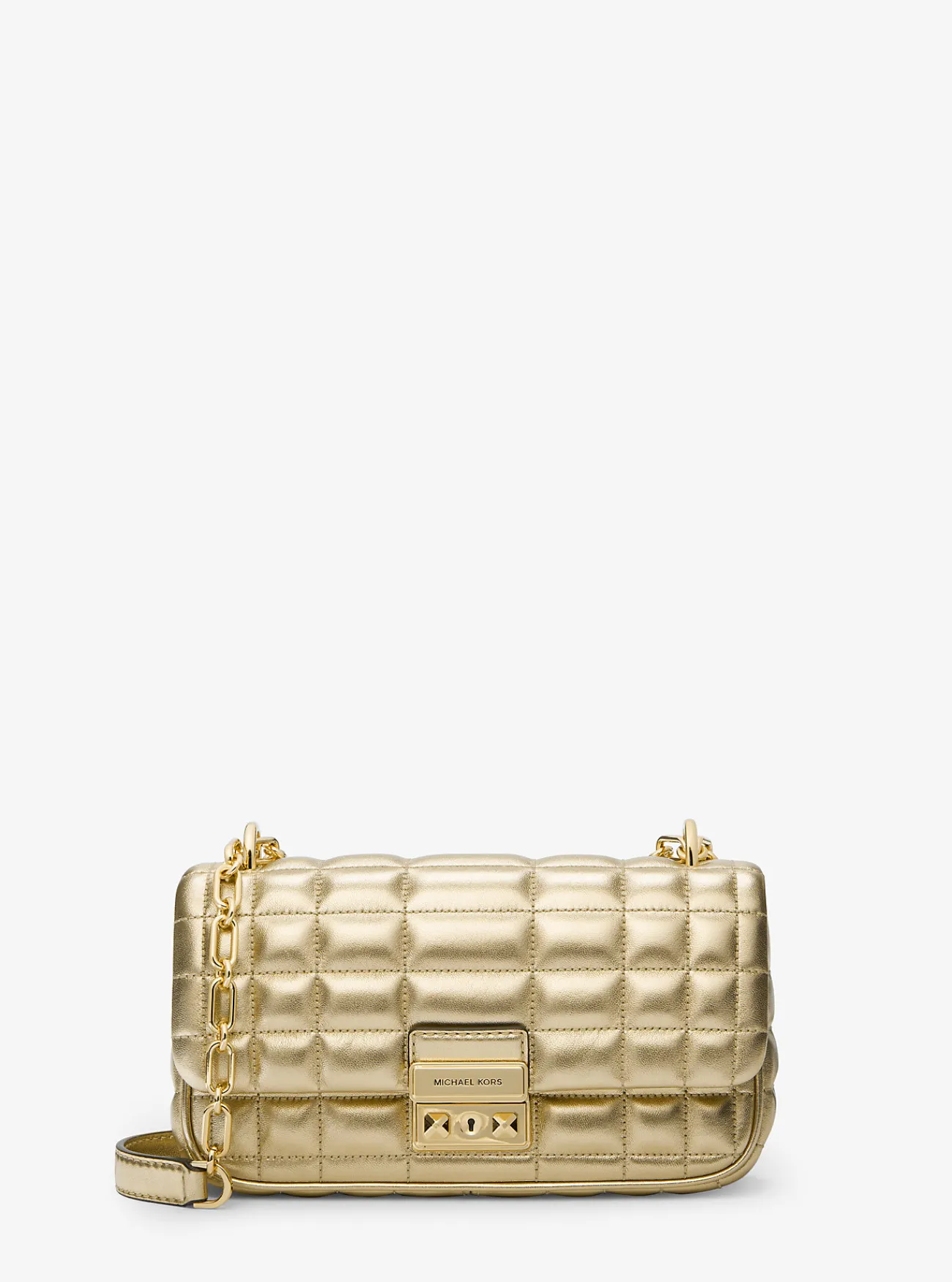 Michael Kors Schoudertas Tribeca van doorgestikt metallic leer, klein LICHTGOUD Hot