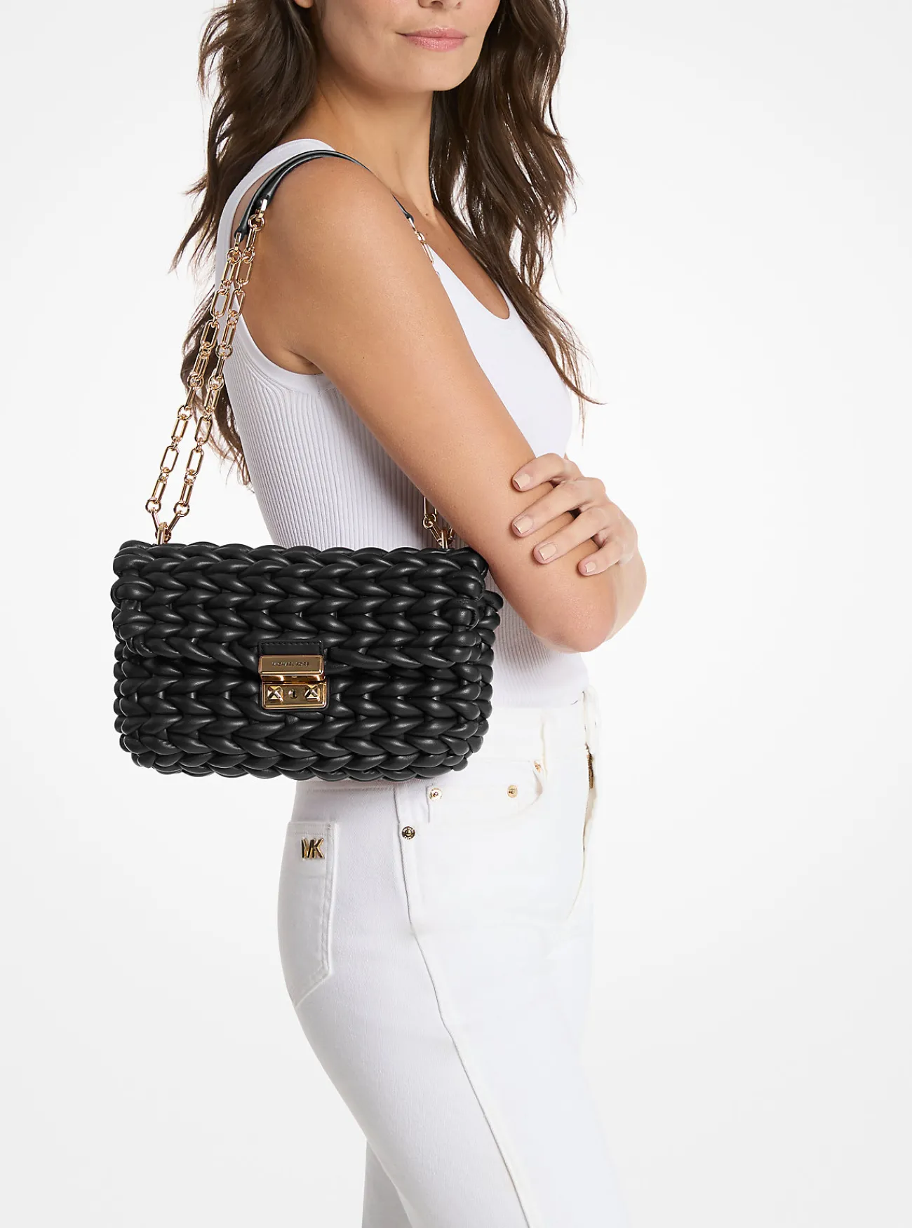 Michael Kors Schoudertas Tribeca van handgevlochten leer, groot ZWART New