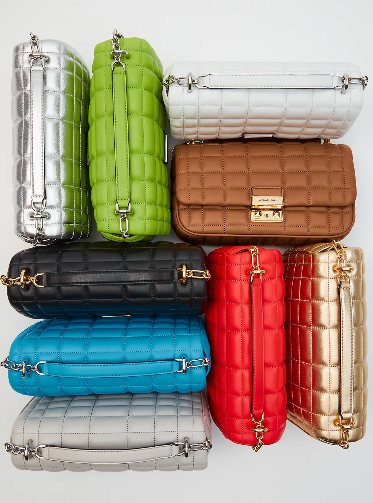 Michael Kors Schoudertas Tribeca van metallic doorgestikt leer, groot LICHTGOUD Outlet