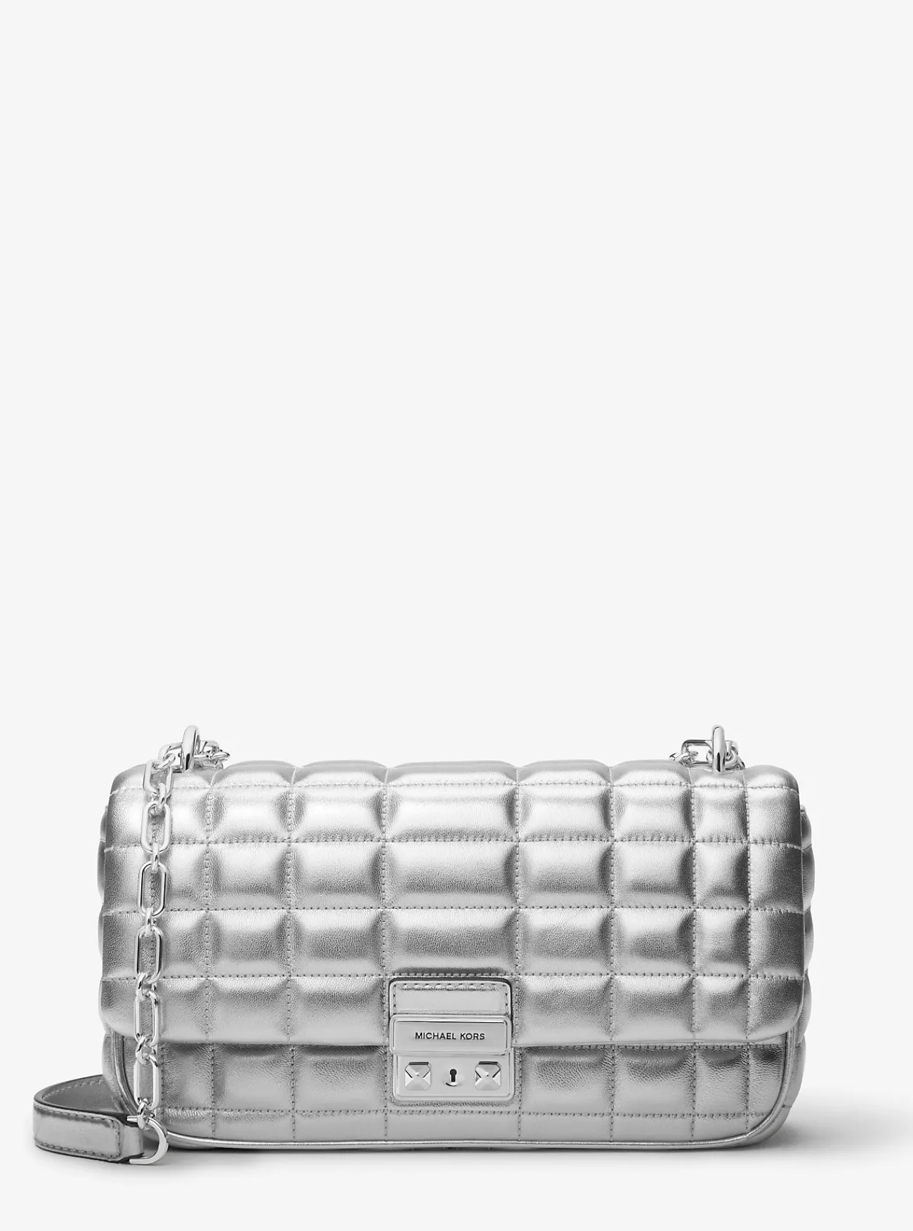 Michael Kors Schoudertas Tribeca van metallic doorgestikt leer, groot ZILVER New