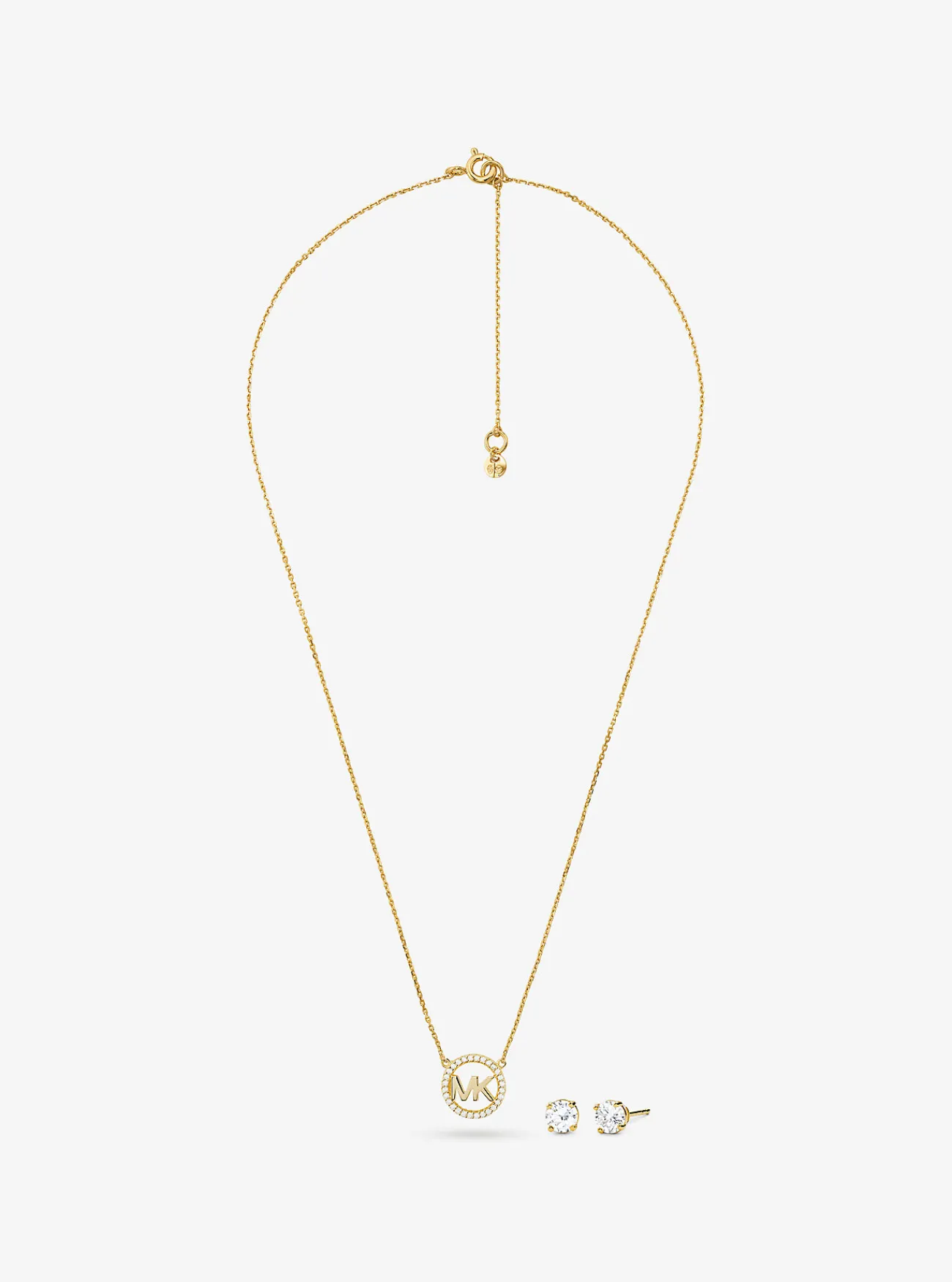 Michael Kors Set van halsketting en oorknopjes van sterlingzilver met plating met 14K ros&eacute; en logobedel met siersteentjes GOUD Online