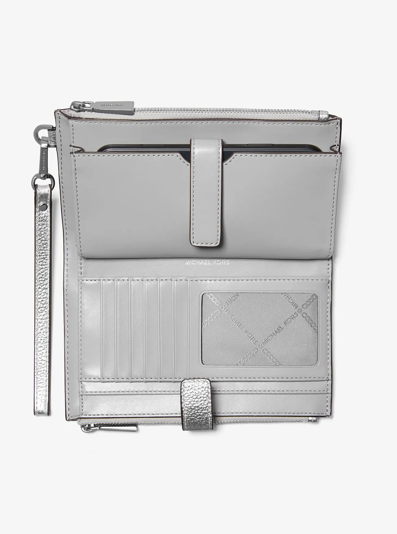 Michael Kors Smartphone-portefeuille Jet Set van metallic getrommeld leer, groot ZILVER Discount