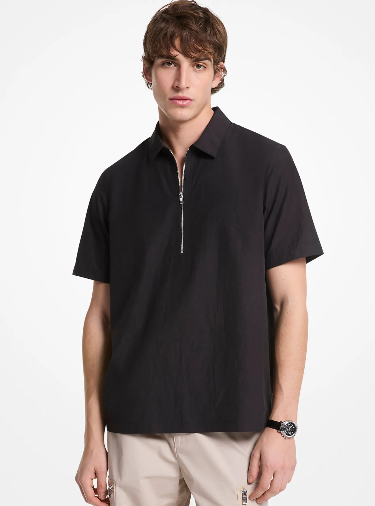 Michael Kors Sweater van gekreukte katoenmix met halve rits ZWART Fashion