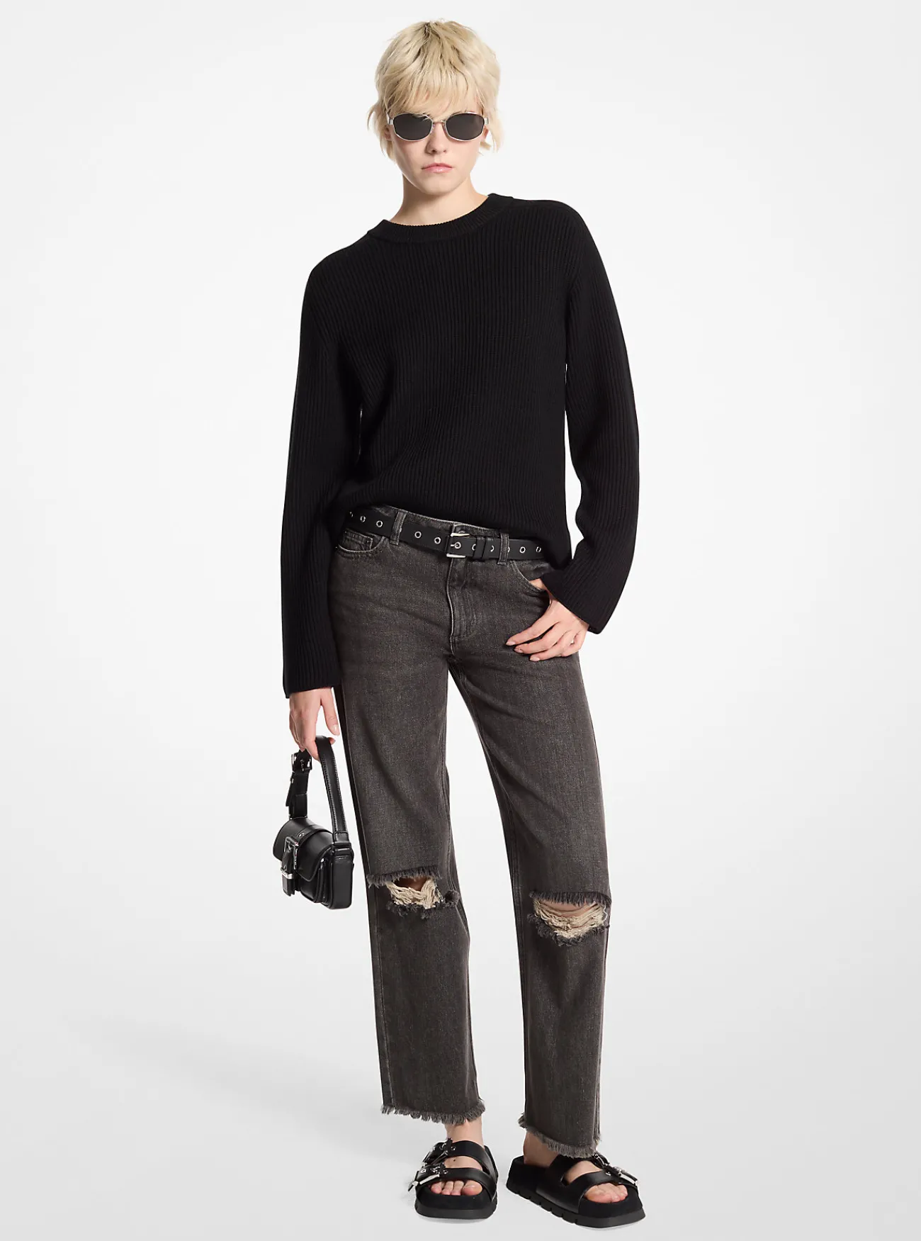 Michael Kors Sweater van geribde wol ZWART Clearance