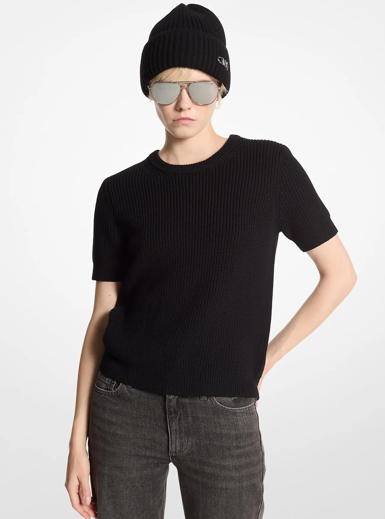 Michael Kors Sweater van wol met korte mouwen ZWART Sale