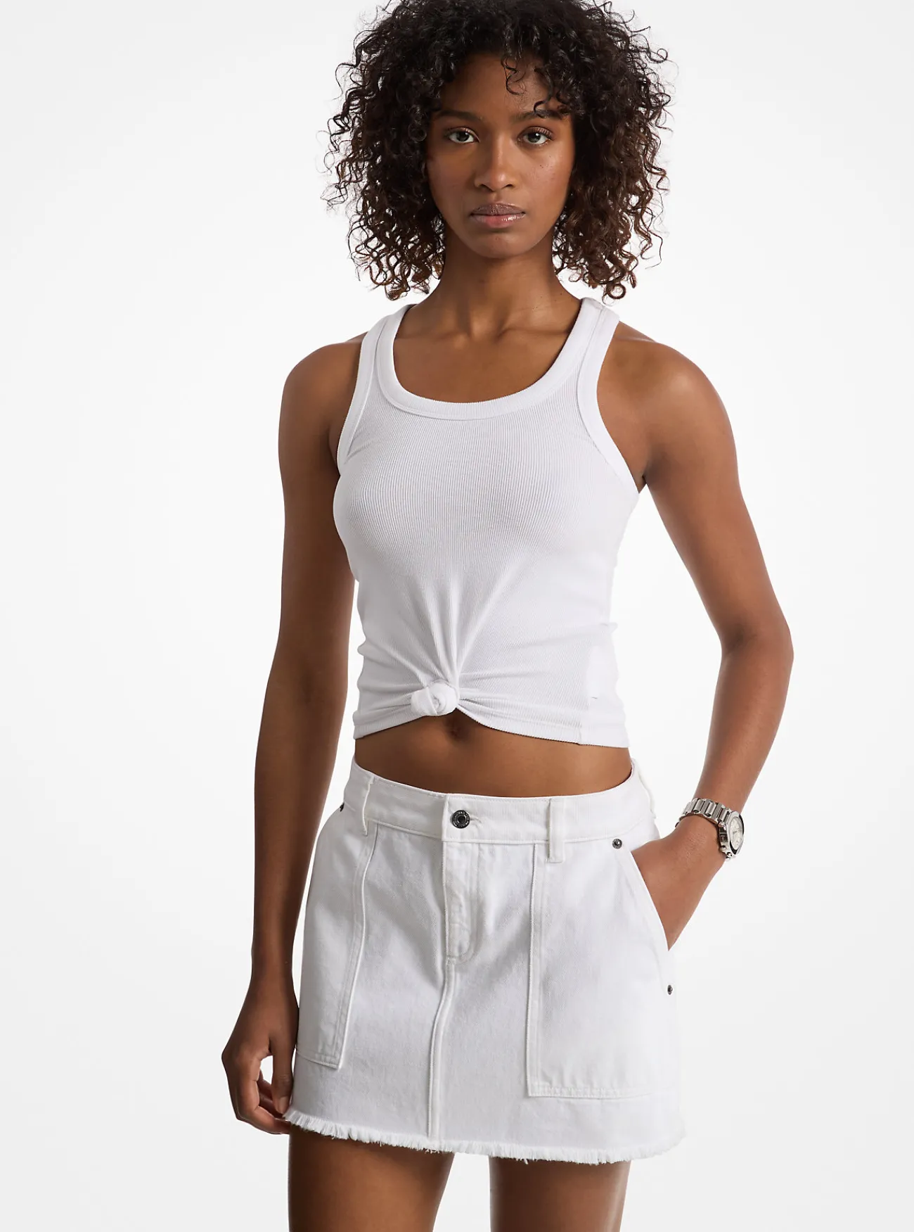 Michael Kors Tanktop van geribd stretchbreisel met knoop aan voorkant WIT Best