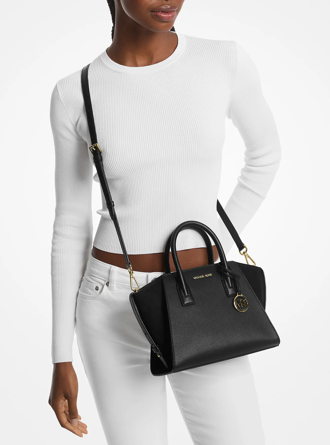 Michael Kors Tas Avril van getrommeld leer, klein ZWART Discount
