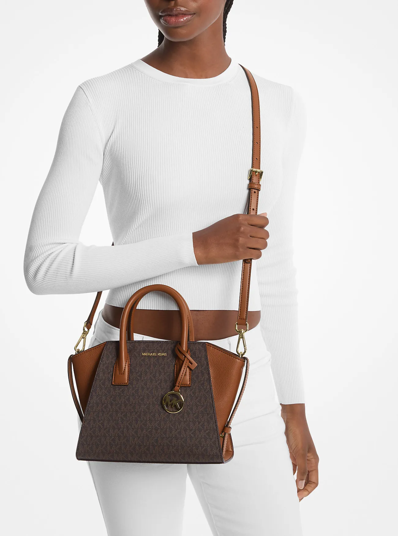 Michael Kors Tas Avril van leer met logo, klein BRUIN Best