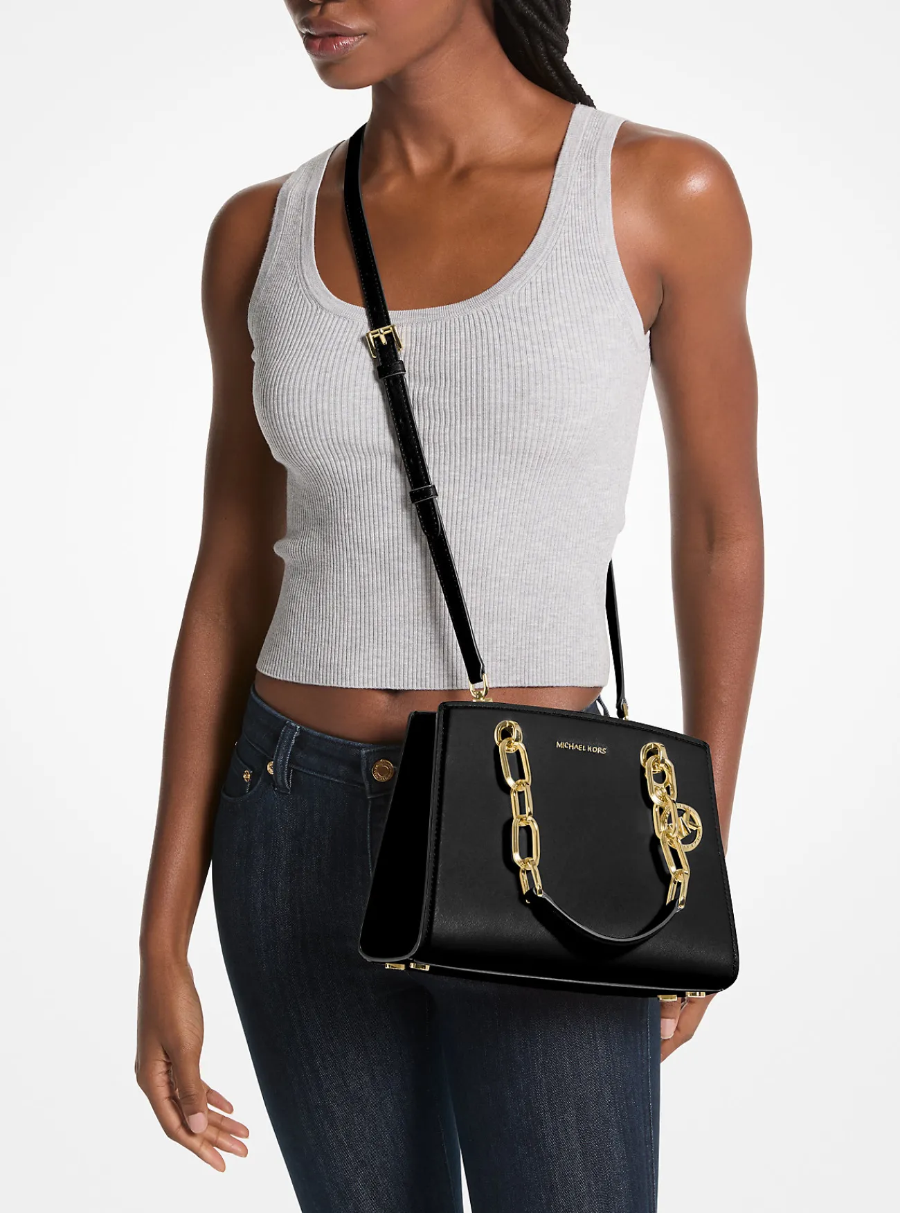 Michael Kors Tas Cynthia van leer, klein ZWART Hot