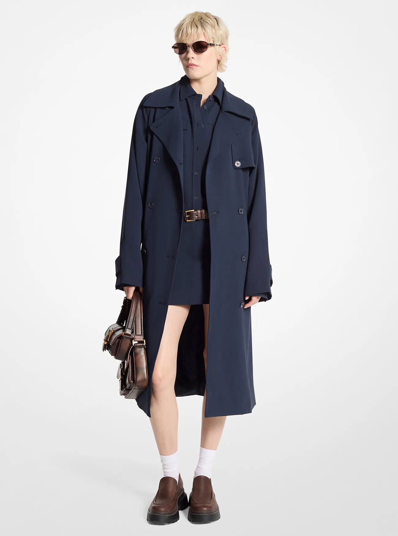 Michael Kors Trenchcoat van cr&ecirc;pe met textuur en riem ADMIRAALBLAUW Best