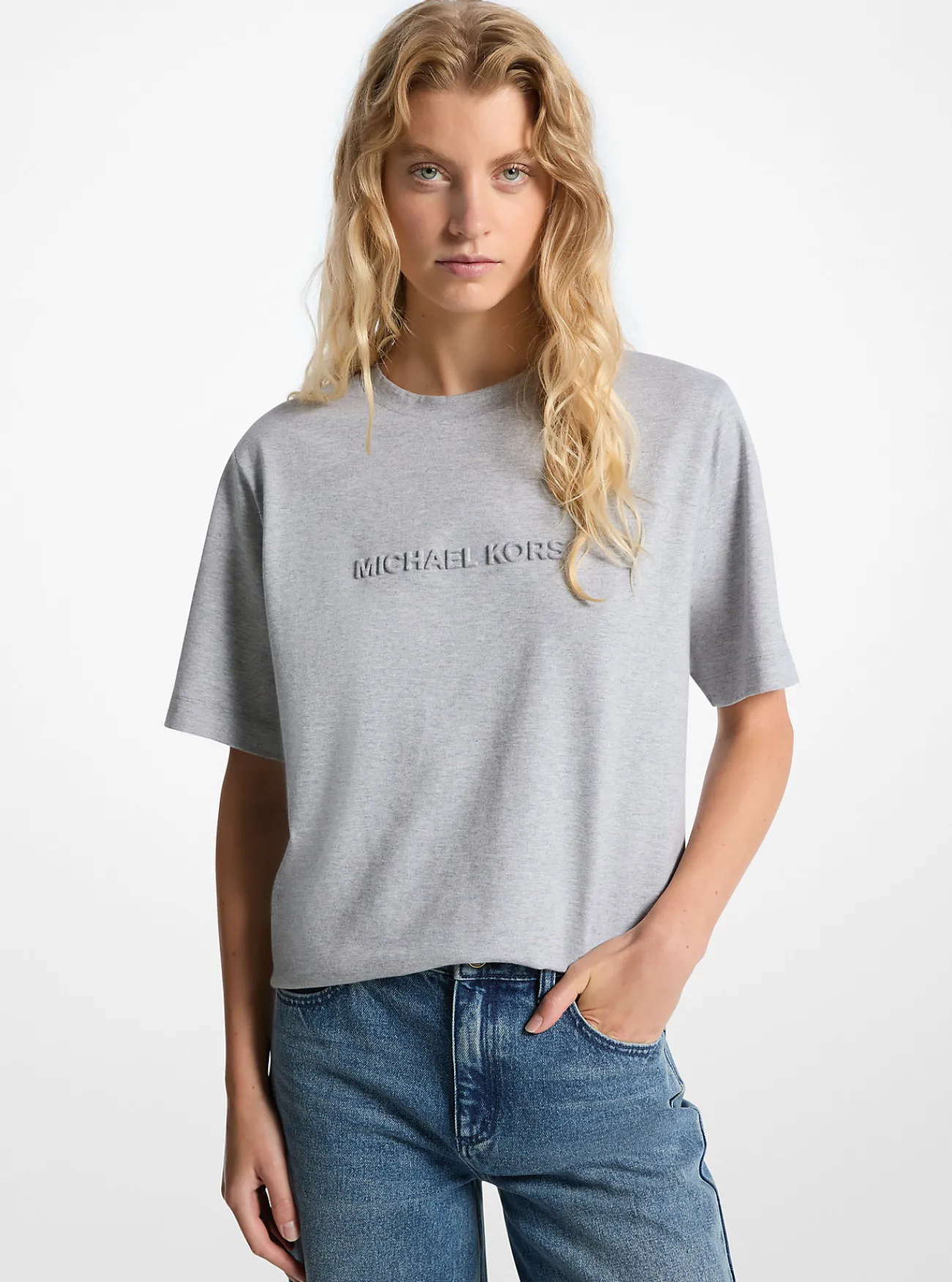 Michael Kors T-shirt van katoen met reli&euml;flogo GEM&Ecirc;LEERDGRIJSHEREN Hot