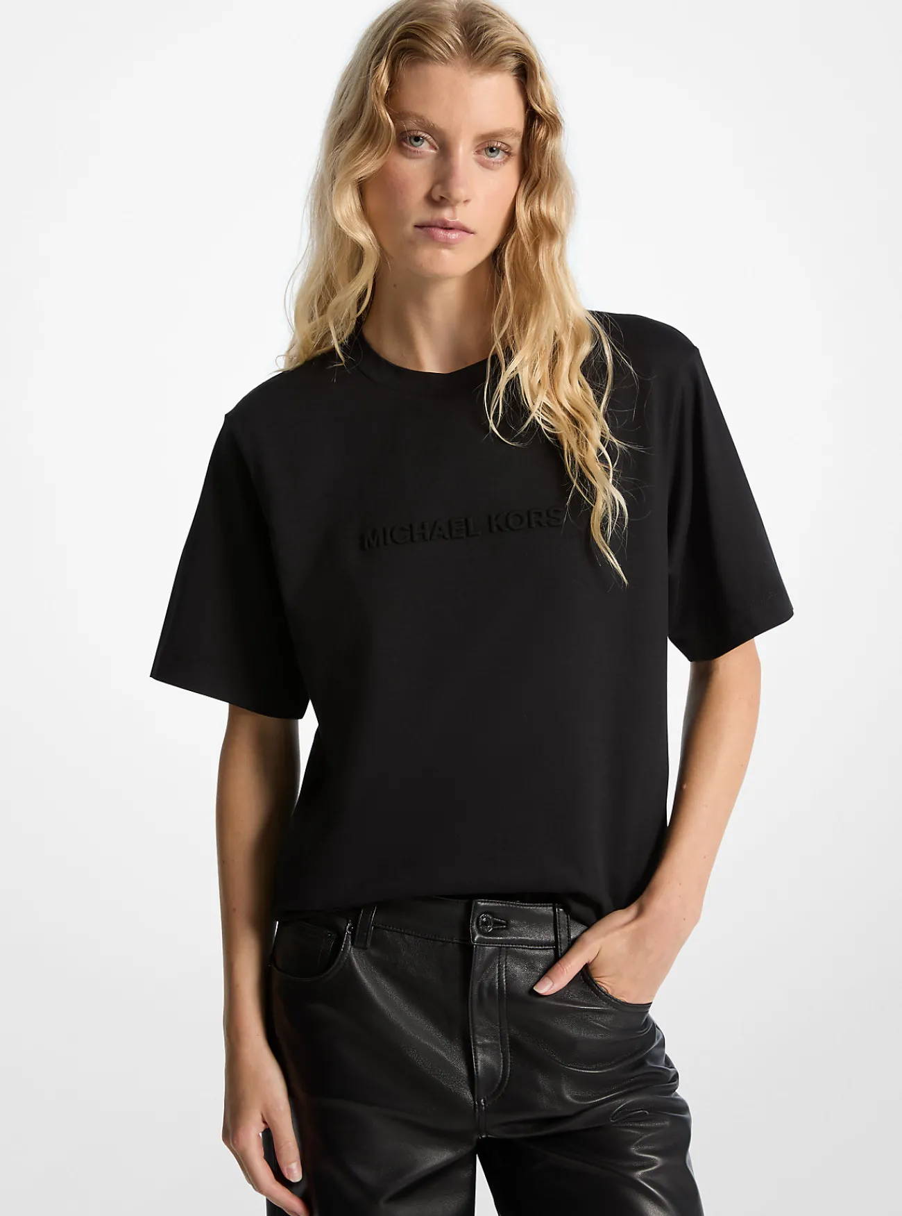 Michael Kors T-shirt van katoen met reli&euml;flogo ZWART New