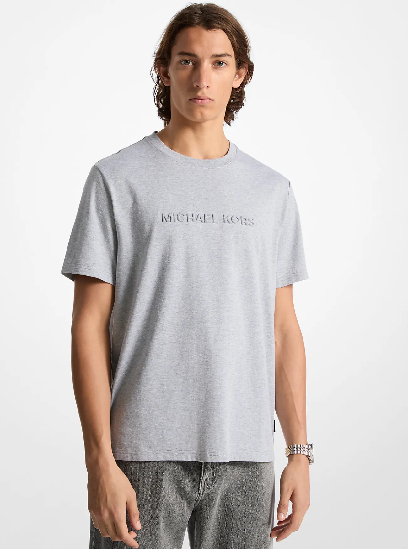 Michael Kors T-shirt van katoen met reli&euml;flogo STEENGRIJS Discount
