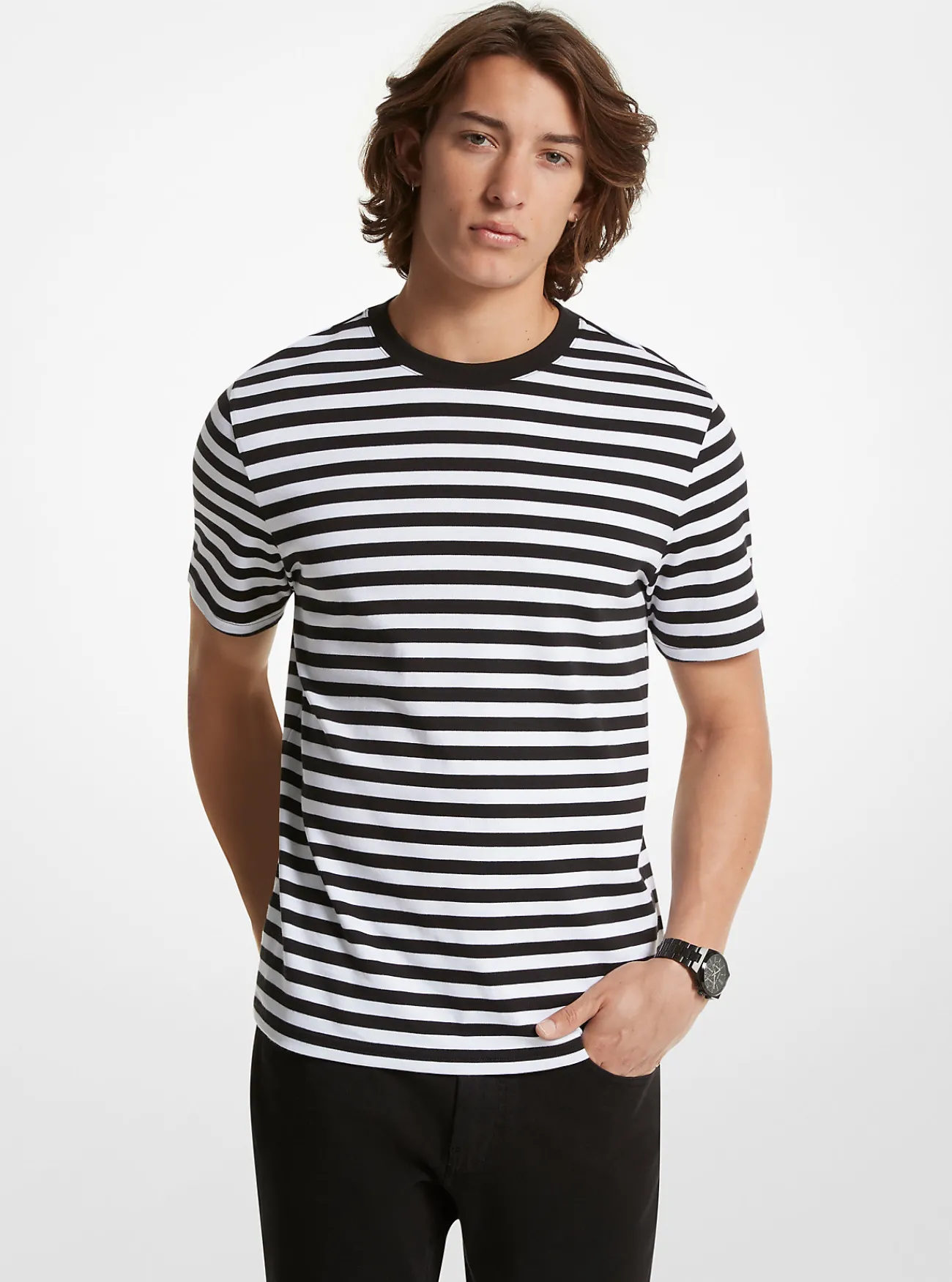 Michael Kors T-shirt van pima-katoen, gestreept ZWART Online