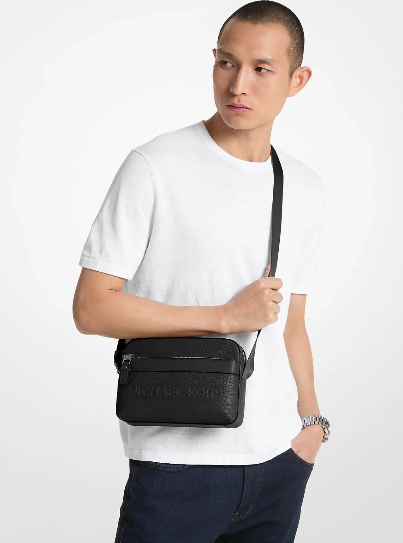 Michael Kors Utility-crossbodytas Hudson van getrommeld leer ZWART Best